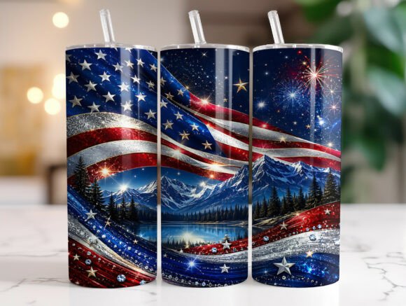 American Flag Fireworks Tumbler Wrap PNG