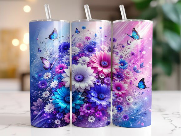 Blue Purple Floral Butterfly Tumbler Wrap Graphics