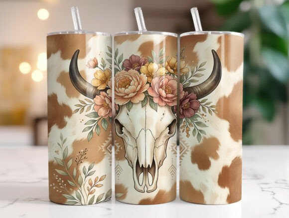 Boho Cow Skull Flowers Western Tumbler Graphics for Tumbler Wraps