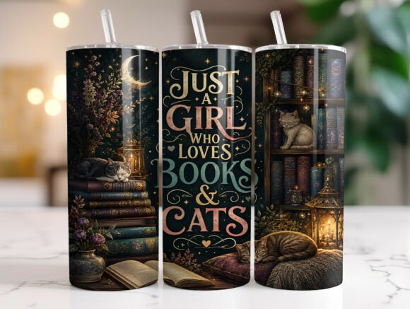 Books and Cats Tumbler Wrap PNG