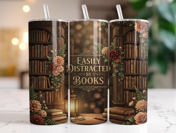 Easily Distracted by Books Graphics and Tumbler Wraps
