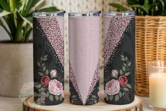 Gothic Pink Glitter Skull Rose Tumbler Graphics