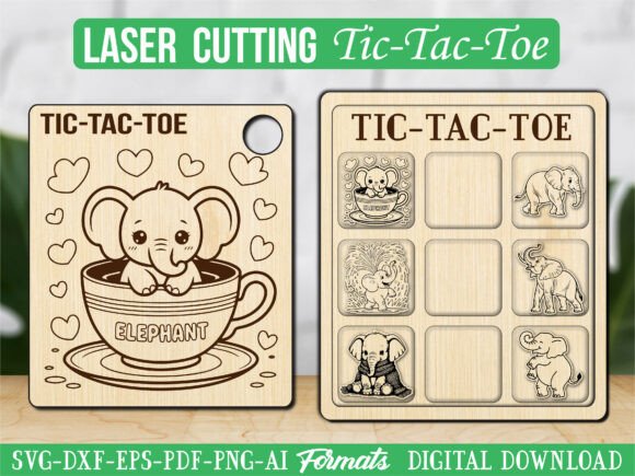 Graphics & Laser Engraving Elephant on Cup Tic Tac Toe Puzzle Game
