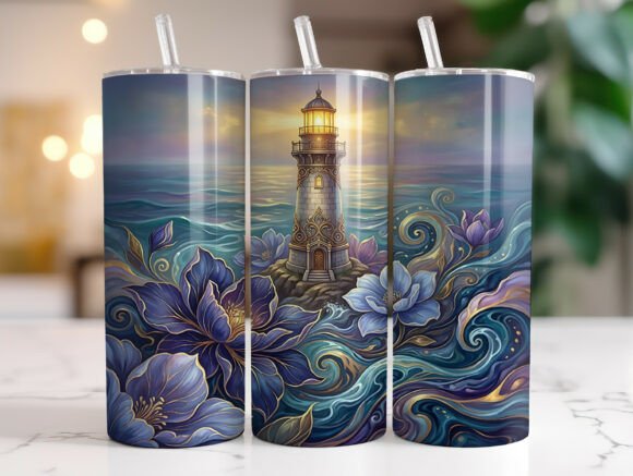 Lighthouse Blue Floral Graphics for Tumbler Wraps