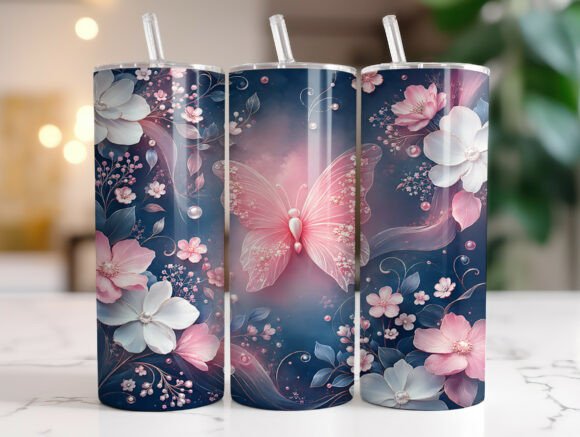 Pink Butterfly Floral Tumbler Wrap Graphics