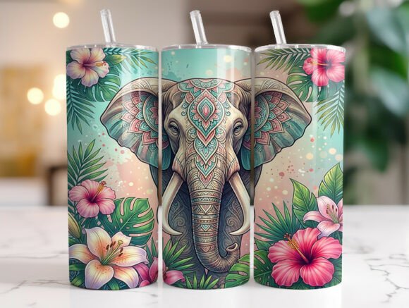 Tropical Boho Elephant Hibiscus Tumbler Graphics