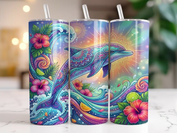Tropical Dolphin Waves Floral Tumbler Graphics