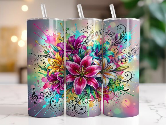 Vibrant Lily Bloom Music Notes Tumbler Graphics